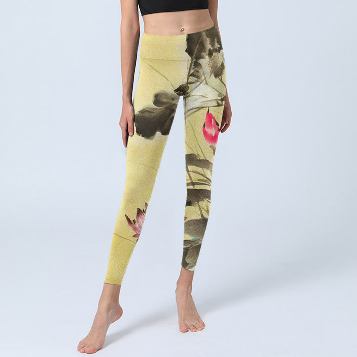 Buddha Stones Pink Blooming And Unbloomed Lotus Print Gym Leggings Women's Yoga Pants