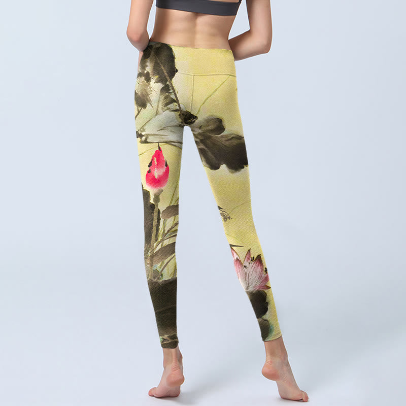 Buddha Stones Pink Blooming And Unbloomed Lotus Print Gym Leggings Women's Yoga Pants