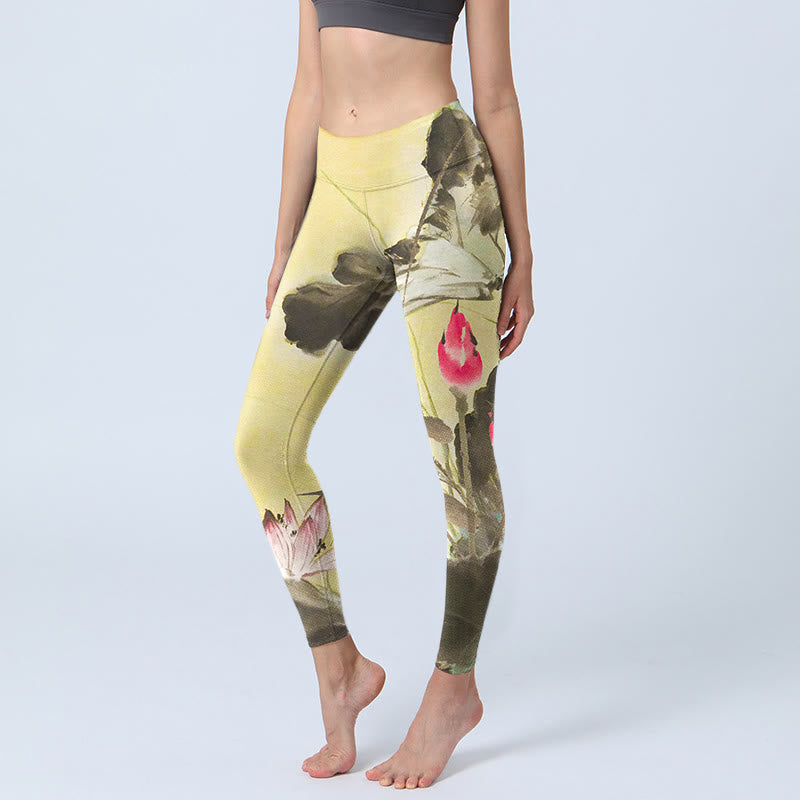 Buddha Stones Pink Blooming And Unbloomed Lotus Print Gym Leggings Women's Yoga Pants - Yellow - US18，UK/AU22，EU50 (4XL) - image 0