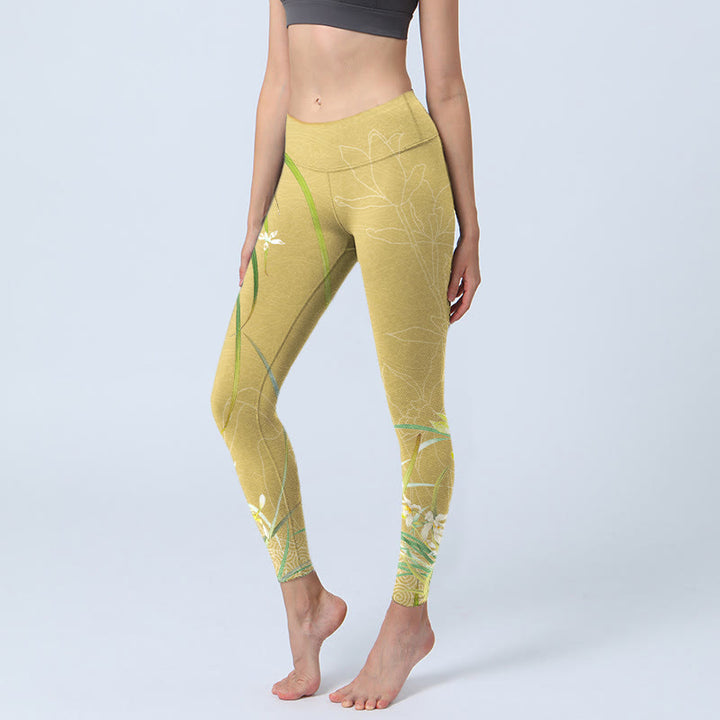 Buddha Stones Yellow Orchid Flowers Weeping Leaves Print Gym Leggings Women's Yoga Pants