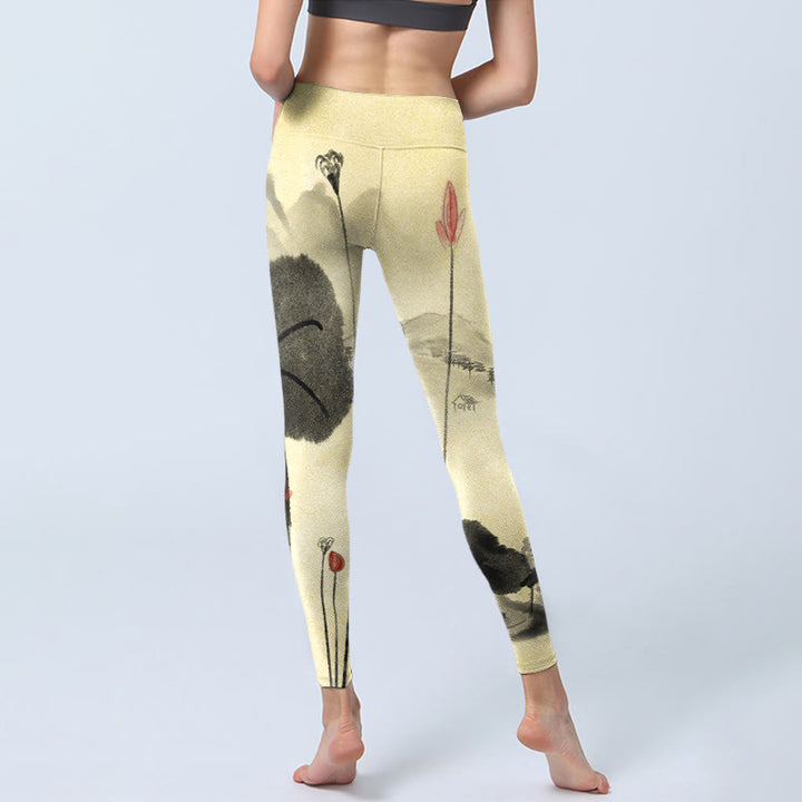 Buddha Stones Lotus Mountains House Print Gym Leggings Women's Yoga Pants