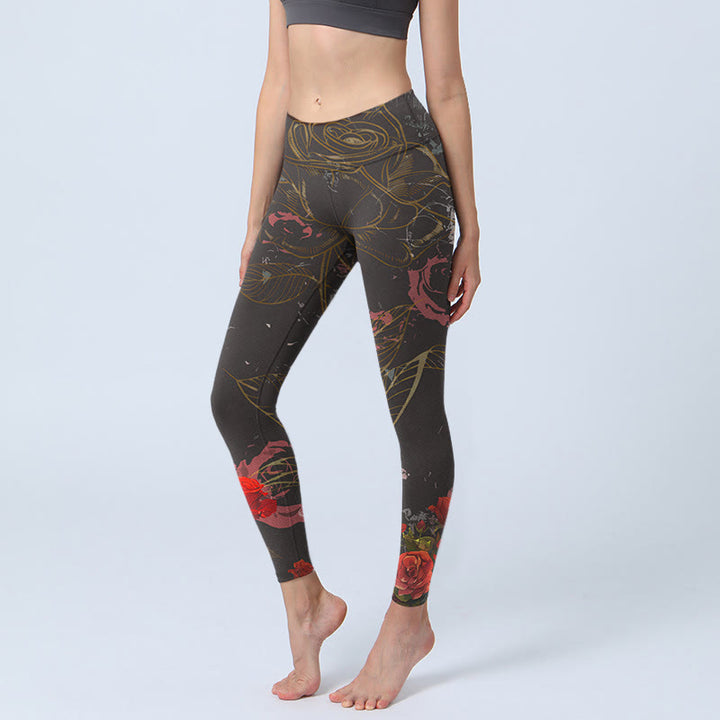 Buddha Stones Red Roses Print Gym Leggings Women's Yoga Pants - Black - US18，UK/AU22，EU50 (4XL) - image 1