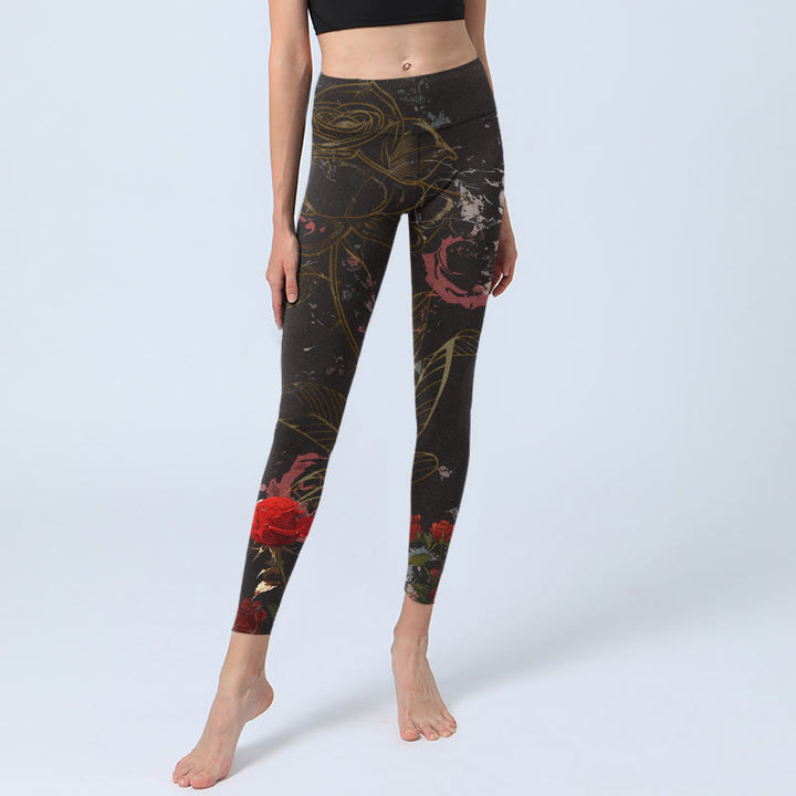 Buddha Stones Red Roses Print Gym Leggings Women's Yoga Pants - image 5