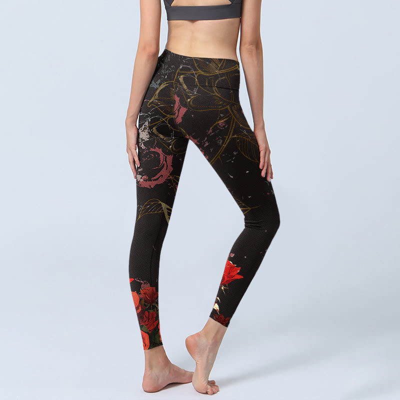 Buddha Stones Red Roses Print Gym Leggings Women's Yoga Pants