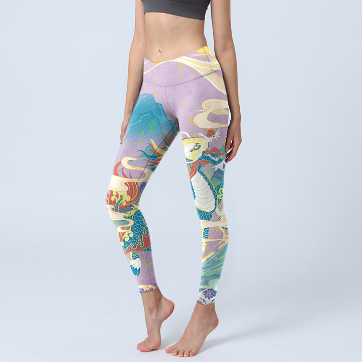 Buddha Stones Purple Dragon Auspicious Clouds Print Gym Leggings Women's Yoga Pants