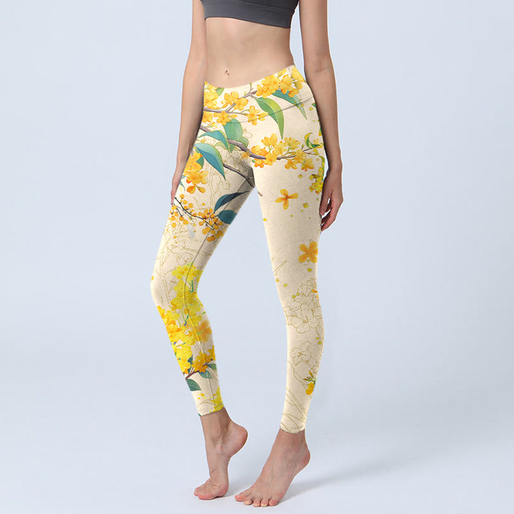 Buddha Stones Yellow Osmanthus Fragrans Rapeseed Print Gym Leggings Women's Yoga Pants