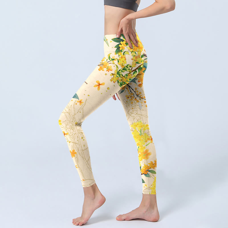 Buddha Stones Yellow Osmanthus Fragrans Rapeseed Print Gym Leggings Women's Yoga Pants