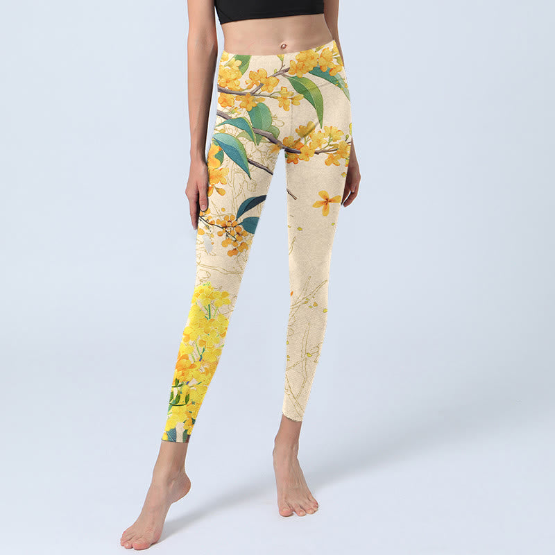 Buddha Stones Yellow Osmanthus Fragrans Rapeseed Print Gym Leggings Women's Yoga Pants - image 6