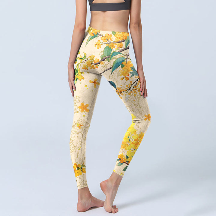 Buddha Stones Yellow Osmanthus Fragrans Rapeseed Print Gym Leggings Women's Yoga Pants - image 4