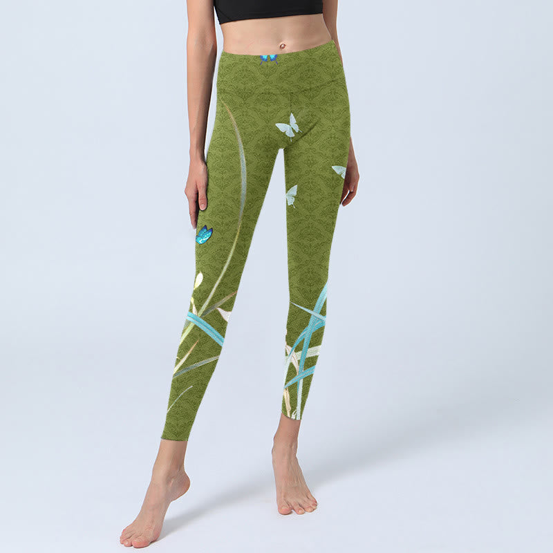 Buddha Stones Green Butterfly Orchid Flowers Print Gym Leggings Women's Yoga Pants - image 6
