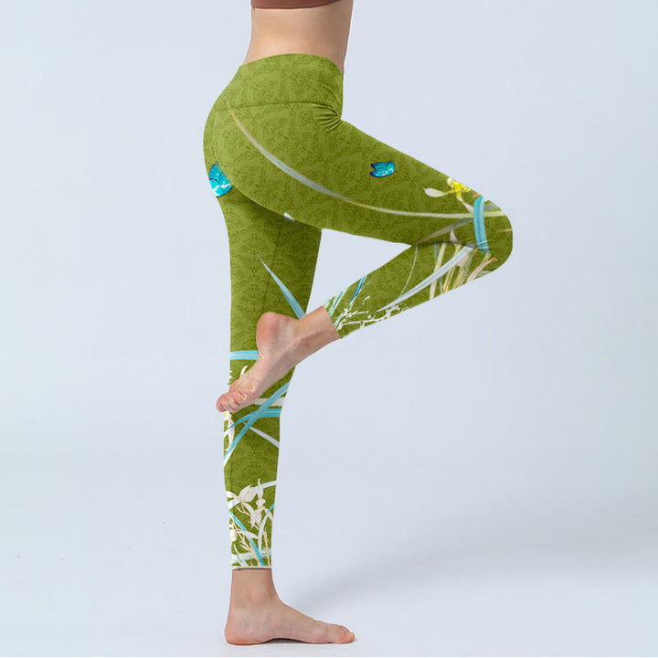 Buddha Stones Green Butterfly Orchid Flowers Print Gym Leggings Women's Yoga Pants