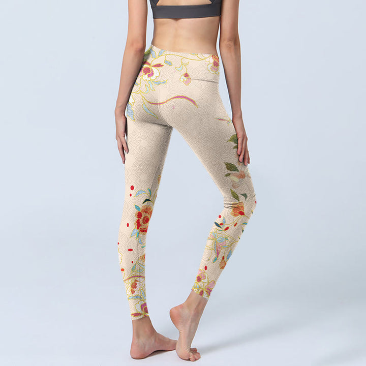 Buddha Stones Apricot Butterfly Peony Flowers Leaves Print Gym Leggings Women's Yoga Pants