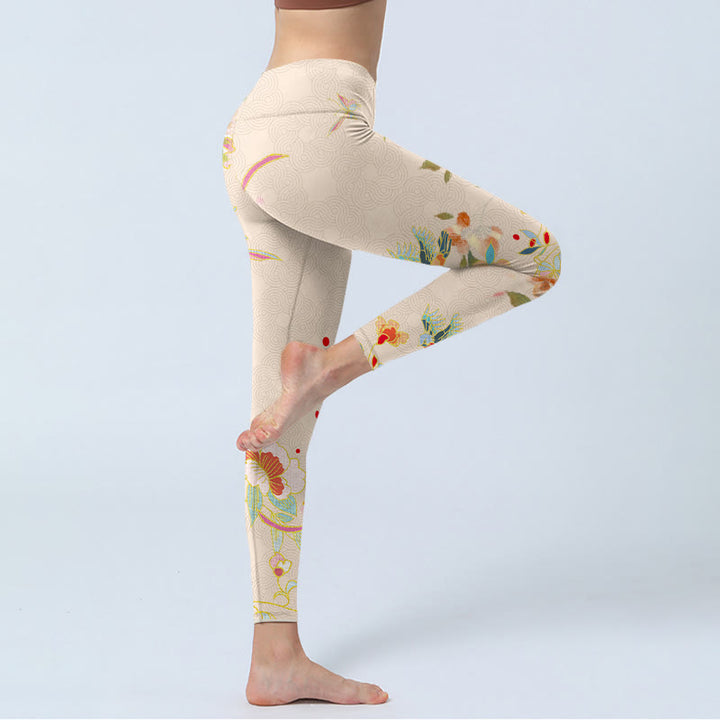 Buddha Stones Apricot Butterfly Peony Flowers Leaves Print Gym Leggings Women's Yoga Pants