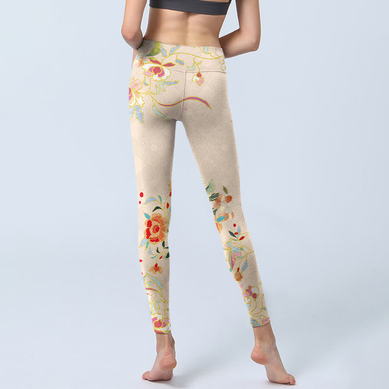 Buddha Stones Apricot Butterfly Peony Flowers Leaves Print Gym Leggings Women's Yoga Pants - image 7