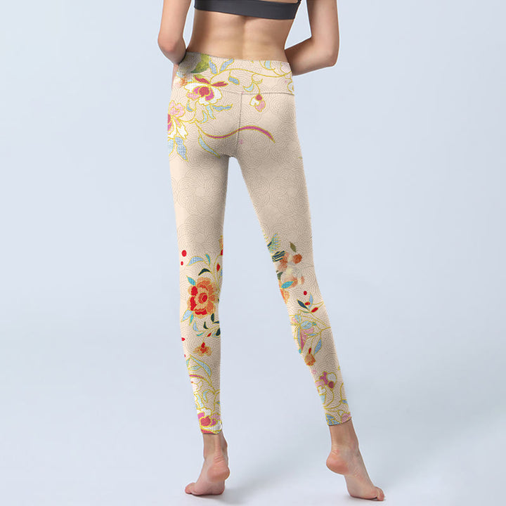 Buddha Stones Apricot Butterfly Peony Flowers Leaves Print Gym Leggings Women's Yoga Pants - image 7