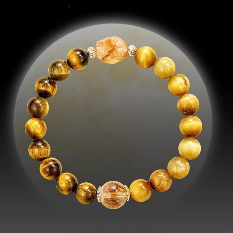 Buddha Stones Natural Yellow Black Tiger Eye Citrine Strength Bracelet