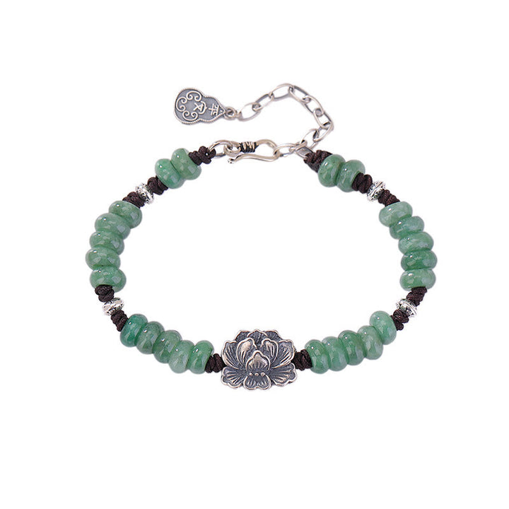 Buddha Stones 925 Sterling Silver Natural Jade Lotus Luck Peace And Joy Bracelet