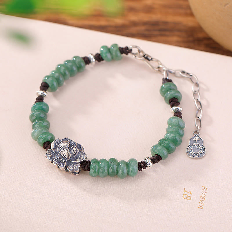 Buddha Stones 925 Sterling Silver Natural Jade Lotus Luck Peace And Joy Bracelet