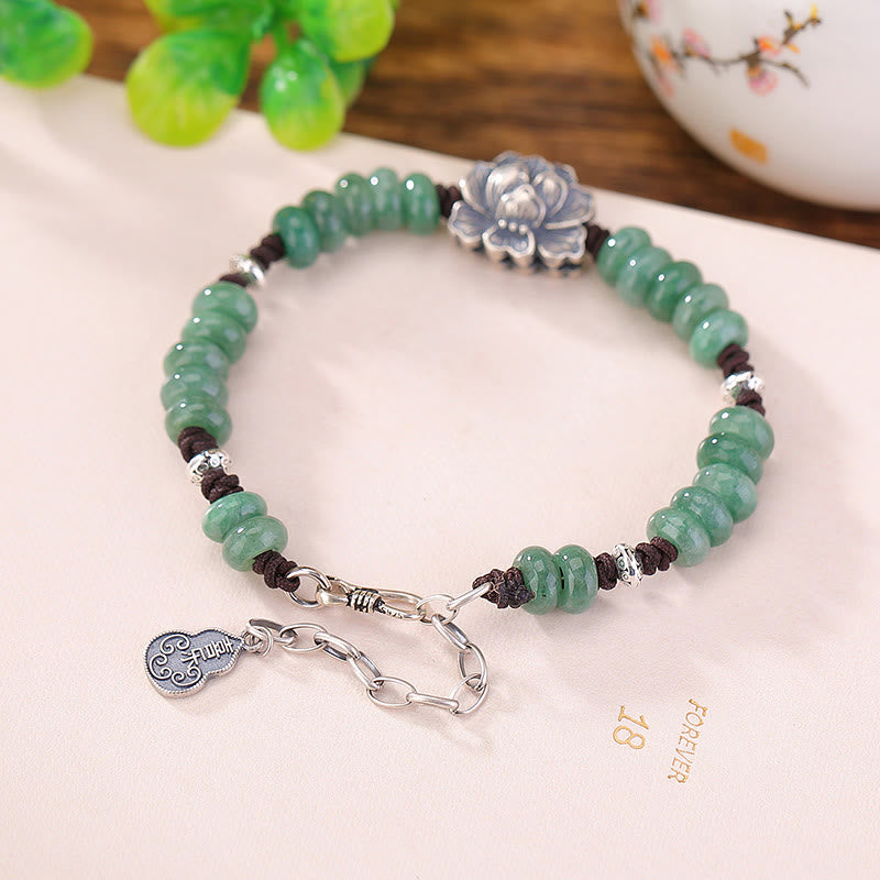 Buddha Stones 925 Sterling Silver Natural Jade Lotus Luck Peace And Joy Bracelet