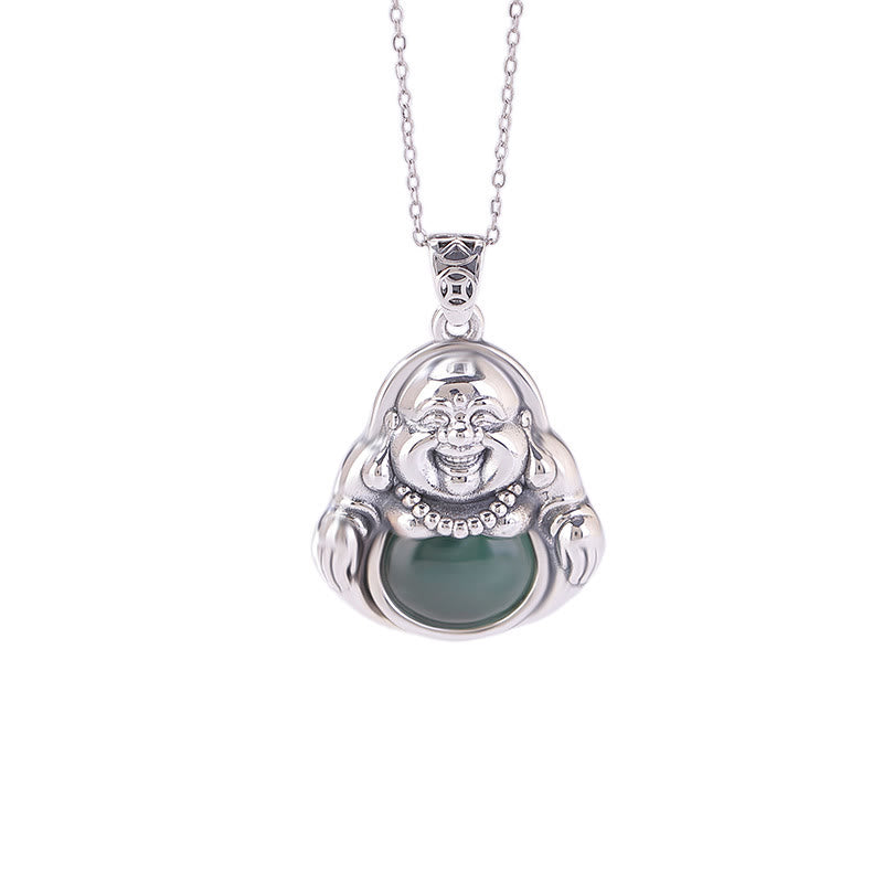 Buddha Stones 999 Sterling Silver Laughing Buddha Cyan Jade Lotus Success Necklace Chain Pendant