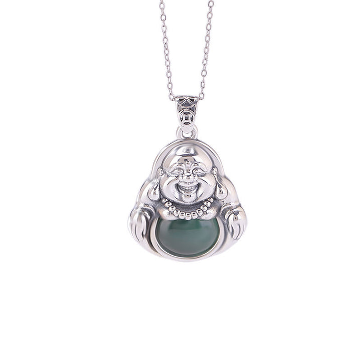 Buddha Stones 999 Sterling Silver Laughing Buddha Cyan Jade Lotus Success Necklace Chain Pendant