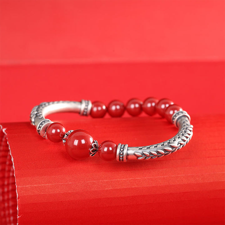 Buddha Stones 999 Sterling Silver Cinnabar Wheat Ears Blessing Bracelet Bangle - image 5