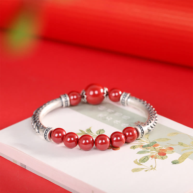 Buddha Stones 999 Sterling Silver Cinnabar Wheat Ears Blessing Bracelet Bangle