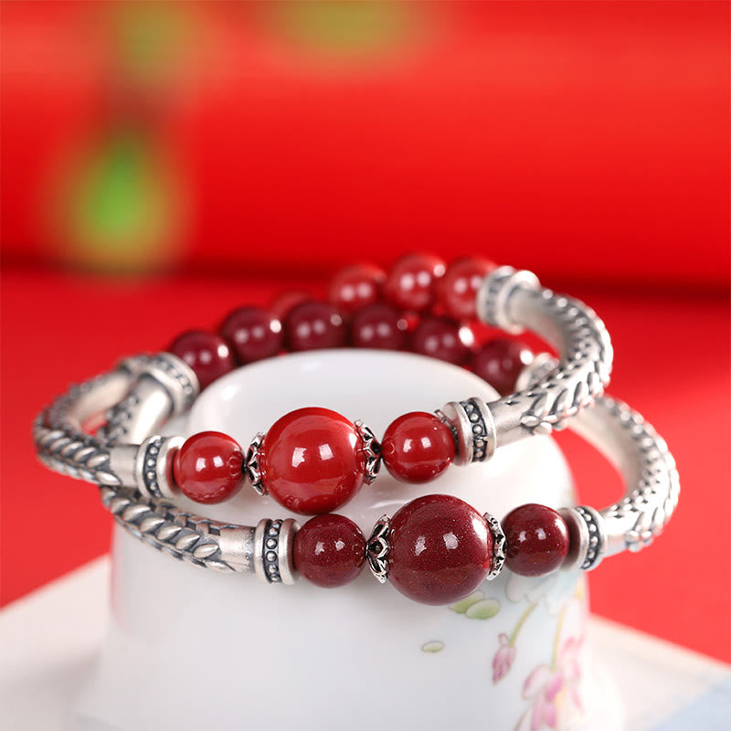 Buddha Stones 999 Sterling Silver Cinnabar Wheat Ears Blessing Bracelet Bangle - image 2