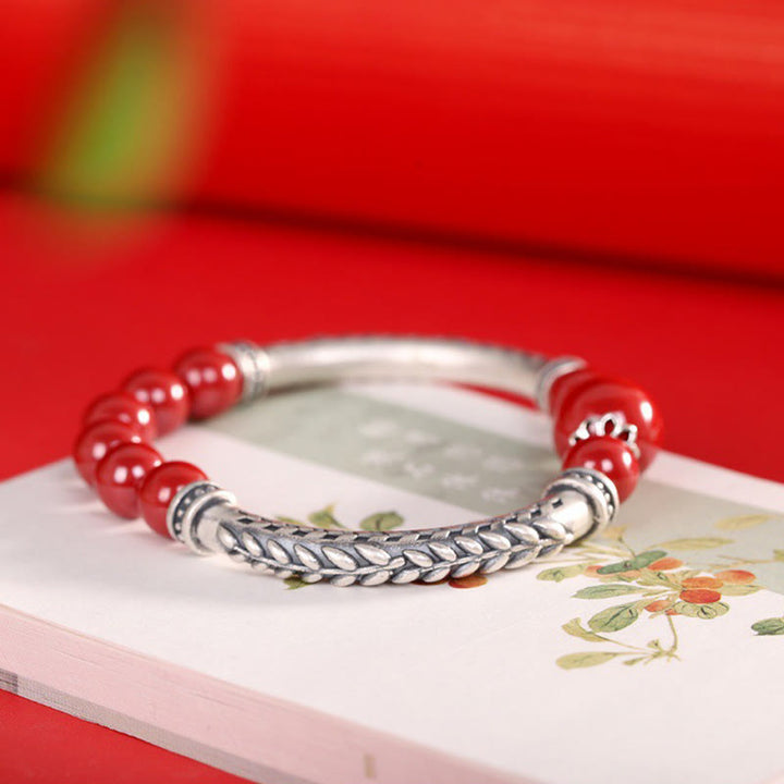 Buddha Stones 999 Sterling Silver Cinnabar Wheat Ears Blessing Bracelet Bangle - image 4