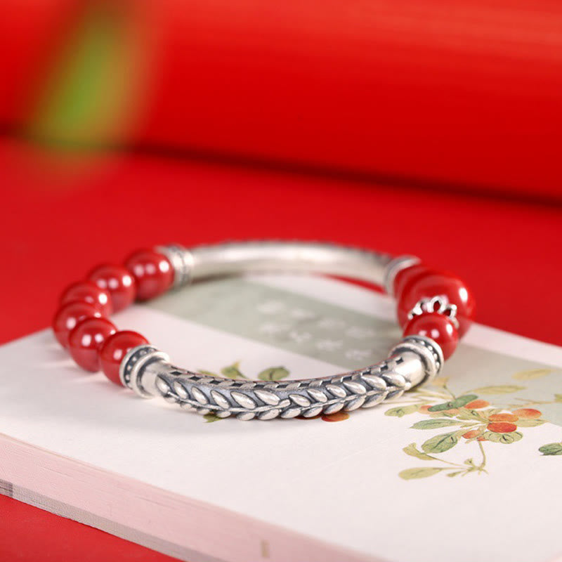 Buddha Stones 999 Sterling Silver Cinnabar Wheat Ears Blessing Bracelet Bangle - image 3
