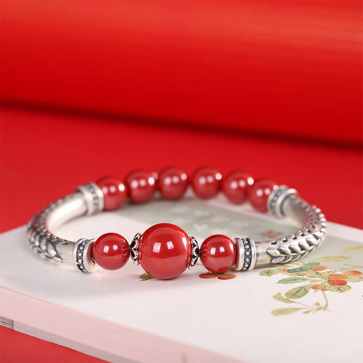 Buddha Stones 999 Sterling Silver Cinnabar Wheat Ears Blessing Bracelet Bangle - Red Cinnabar(Wrist Circumference: 14-16cm) - image 1