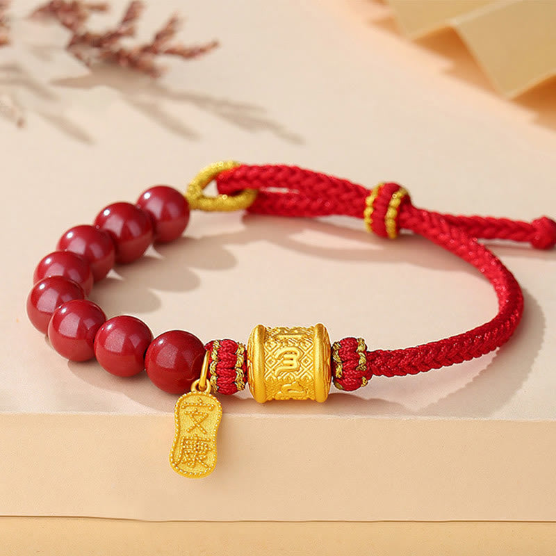 Buddha Stones 999 Sterling Silver Six True Words Om Mani Padme Hum Cinnabar Blessing String Bracelet - Cinnabar(Wrist Circumference: 14-25cm) - image 0