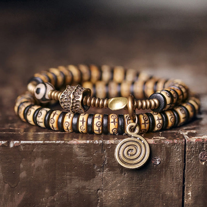 Buddha Stones Yak Bone Ebony Wood Copper Brass Strength Double Wrap Bracelet