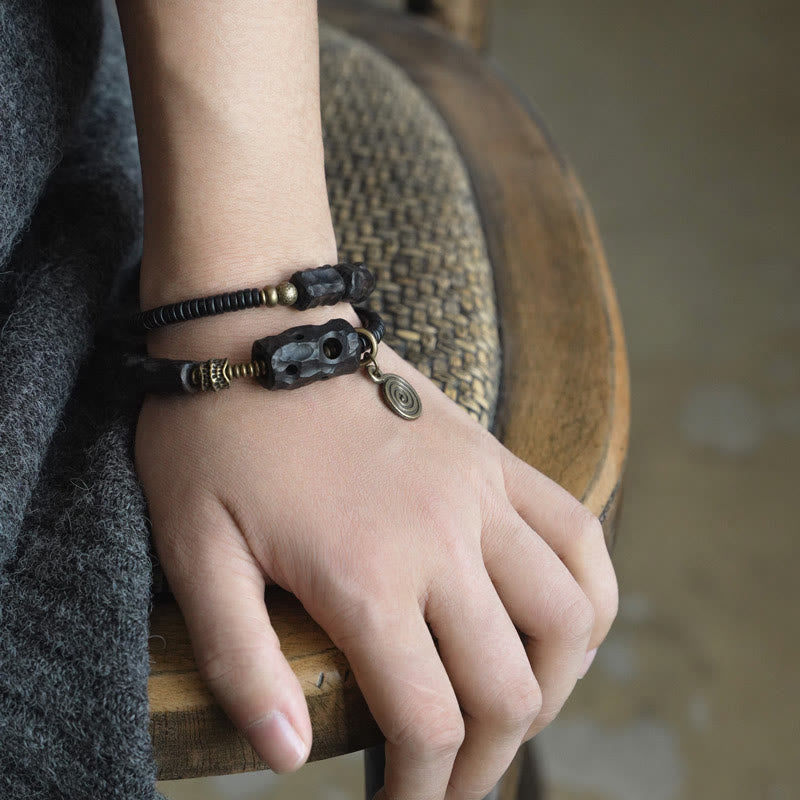 Buddha Stones Ebony Wood Copper Brass Red Agate Peace Double Wrap Bracelet