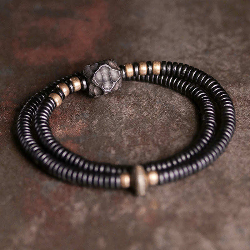 Buddha Stones Ebony Wood Copper Brass Peace Double Wrap Bracelet