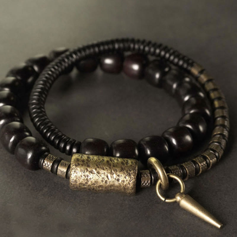 Buddha Stones Ebony Wood Copper Brass Vintage Bead Cone Double Wrap Balance Bracelet