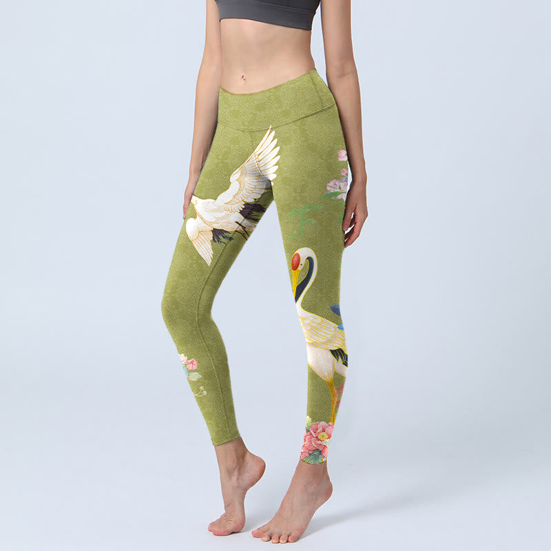 Buddha Stones Hibiscus Birds Bamboo Print Gym Leggings Women's Yoga Pants - YellowGreen - US18，UK/AU22，EU50 (4XL) - image 1