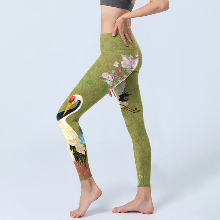 Buddha Stones Hibiscus Birds Bamboo Print Gym Leggings Women's Yoga Pants