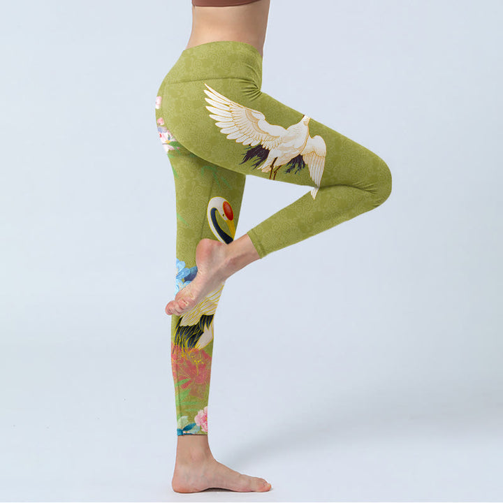 Buddha Stones Hibiscus Birds Bamboo Print Gym Leggings Women's Yoga Pants