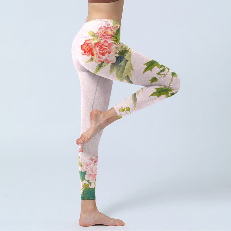 Buddha Stones Hibiscus Flowers And Leaves Print Gym Leggings Women's Yoga Pants - image 4