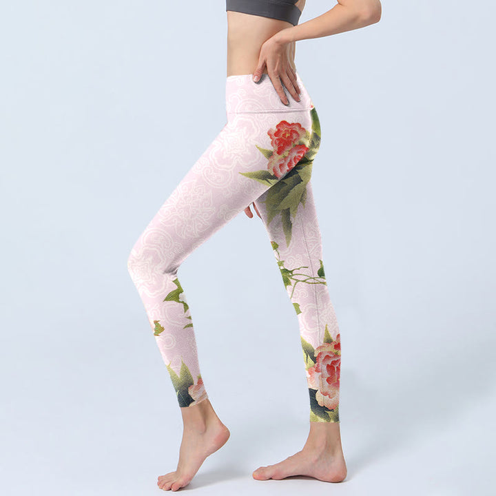 Buddha Stones Hibiscus Flowers And Leaves Print Gym Leggings Women's Yoga Pants