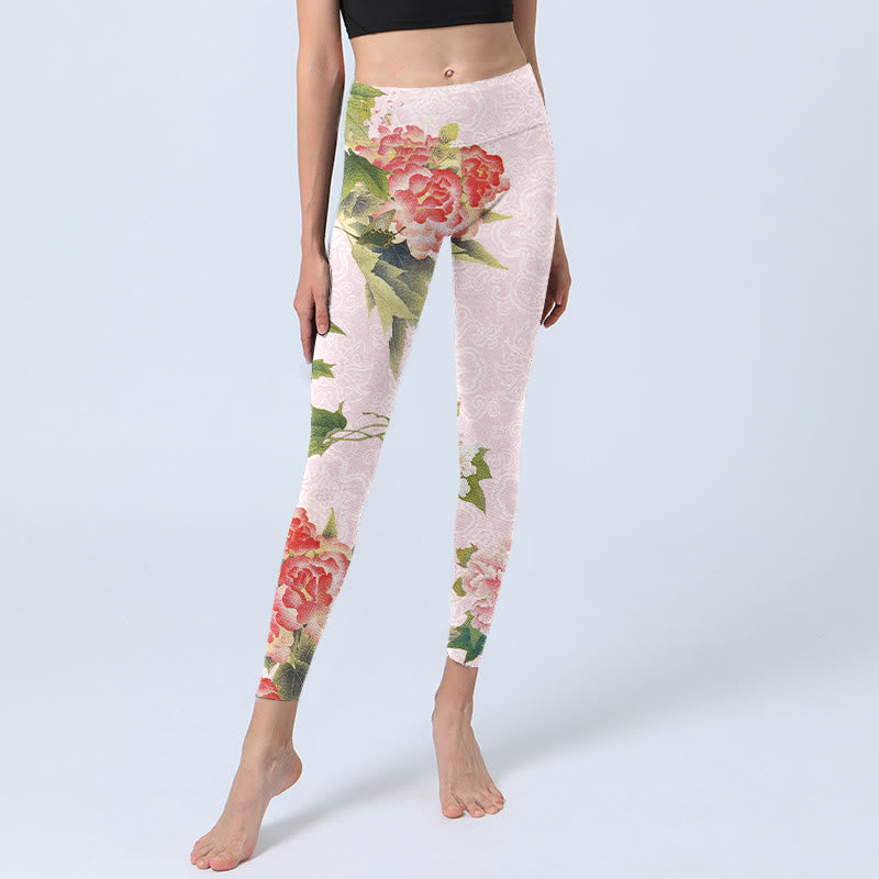 Buddha Stones Hibiscus Flowers And Leaves Print Gym Leggings Women's Yoga Pants