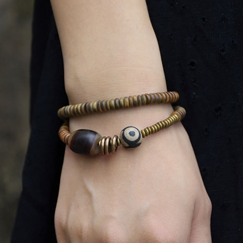 Buddha Stones Ebony Wood Green Sandalwood Copper Brass Dzi Bead Black Onyx Calm Double Wrap Bracelet