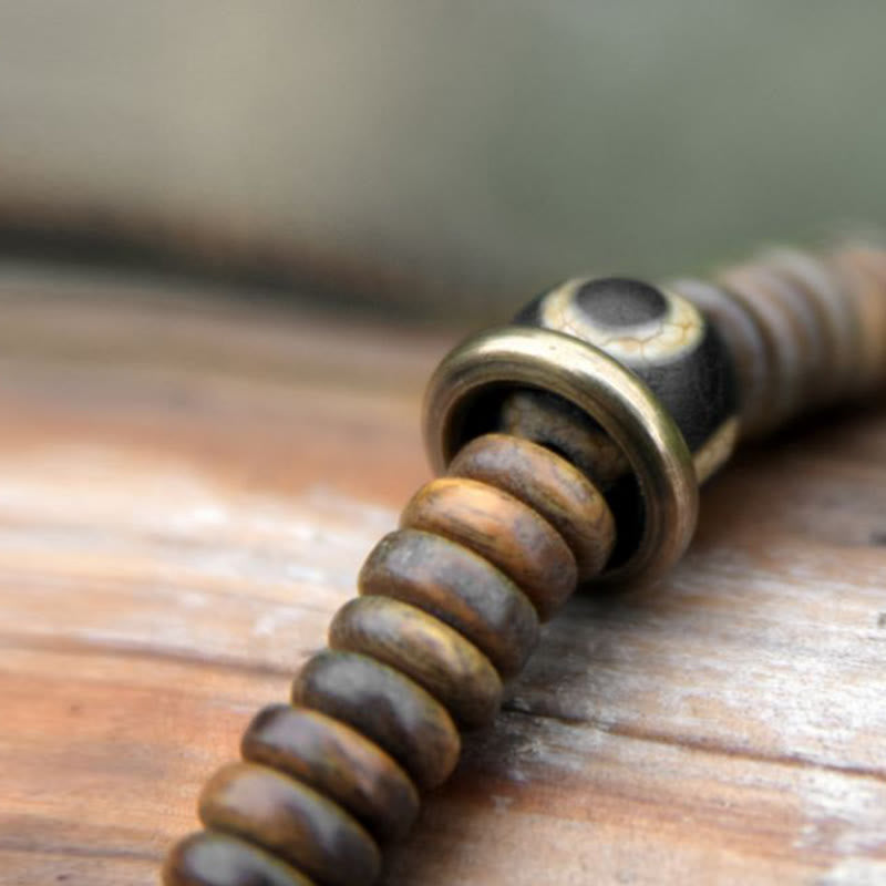 Buddha Stones Ebony Wood Green Sandalwood Copper Brass Dzi Bead Black Onyx Calm Double Wrap Bracelet