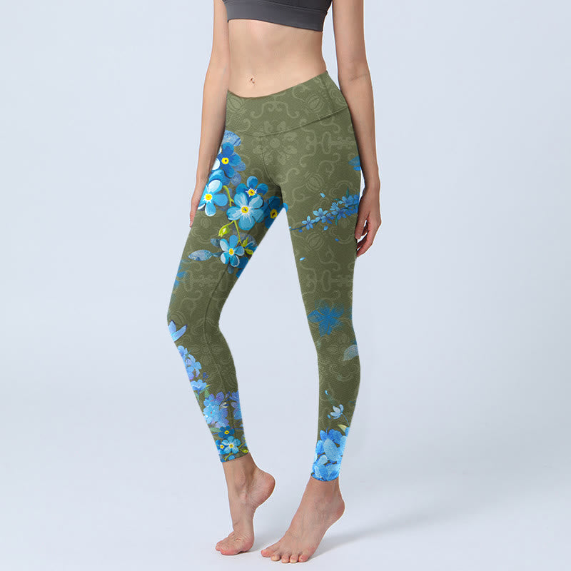 Buddha Stones Blue Flowers Butterflies Print Gym Leggings Women's Yoga Pants - Butterflies - US18，UK/AU22，EU50 (4XL) - image 0