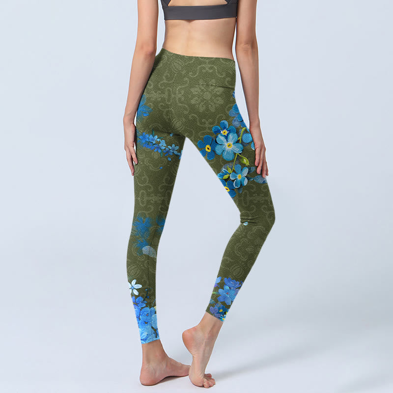 Buddha Stones Blue Flowers Butterflies Print Gym Leggings Women's Yoga Pants