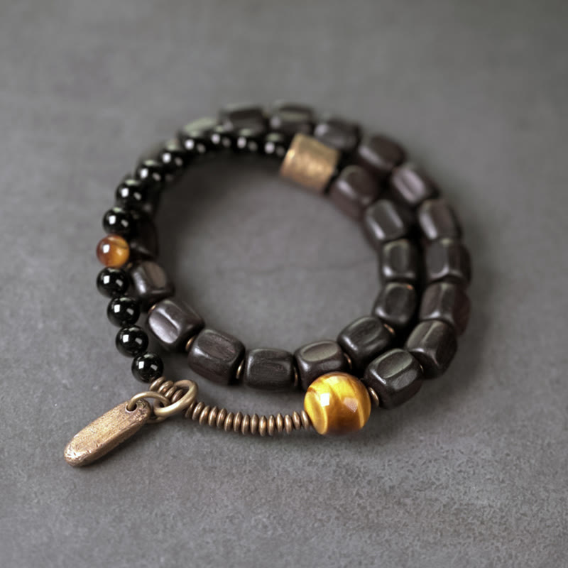 Buddha Stones Ebony Wood Copper Brass Tiger Eye Peace Double Wrap Bracelet