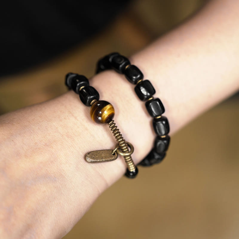 Buddha Stones Ebony Wood Copper Brass Tiger Eye Peace Double Wrap Bracelet