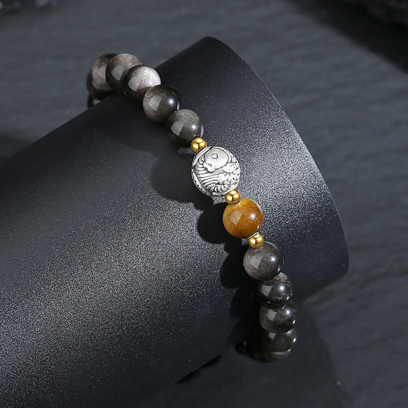 Buddha Stones Black Obsidian 999 Sterling Silver Tiger Eye 925 Sterling Silver Koi Fish Purification Bracelet - image 3