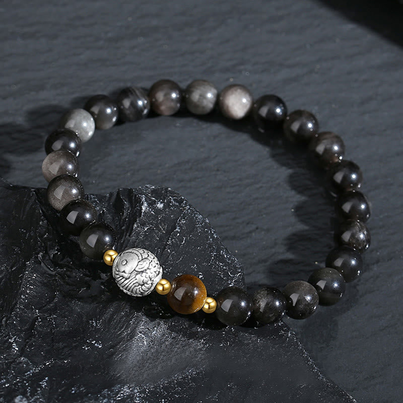 Buddha Stones Black Obsidian 999 Sterling Silver Tiger Eye 925 Sterling Silver Koi Fish Purification Bracelet - image 2
